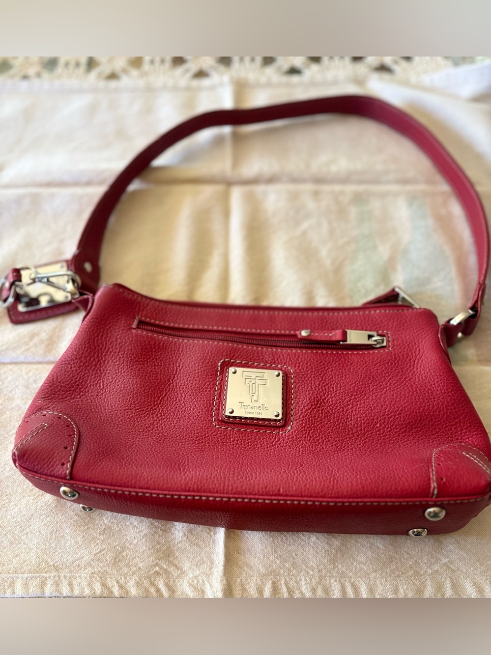 Tignanello Red Pebbled Leather Shoulder Bag with Front Zip Pocket